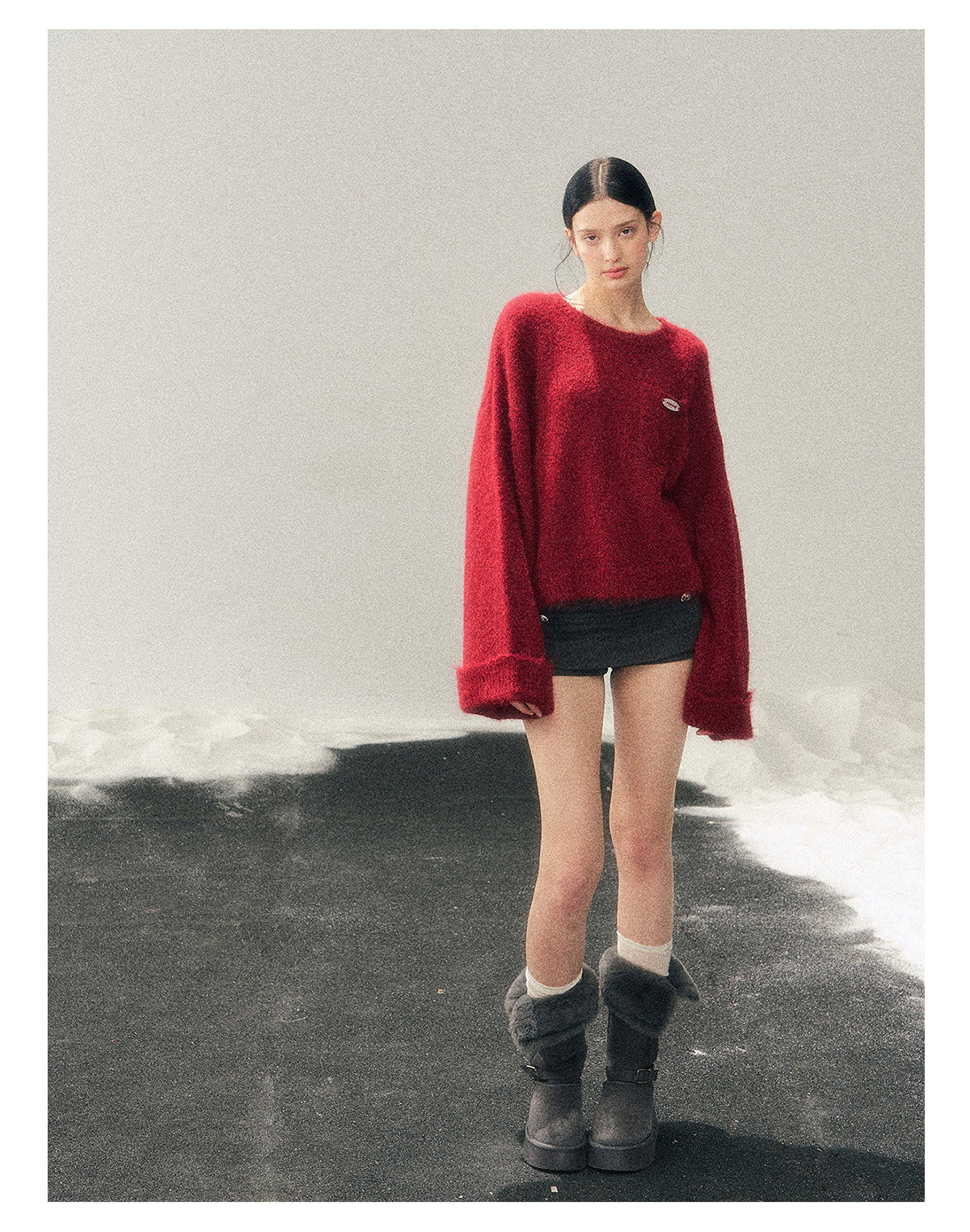 少也眼 “Winter Snow Holds Gentle Warmth” Angora-Blend French Red Knit Sweater