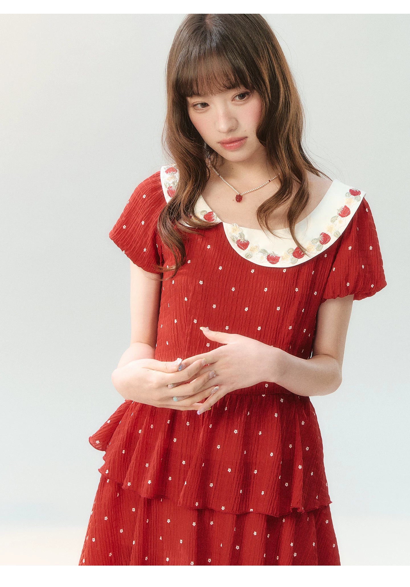 "Strawberry Waltz Letter" Red Tiered Doll Collar Dress LL2026225