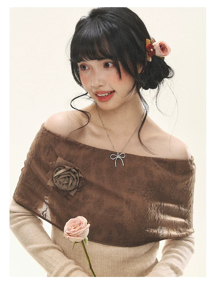 "Vintage Contrast" Brown Apricot Off-Shoulder Floral Knit Top
