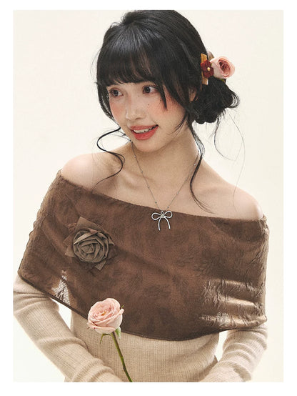 "Vintage Contrast" Brown Apricot Off-Shoulder Floral Knit Top