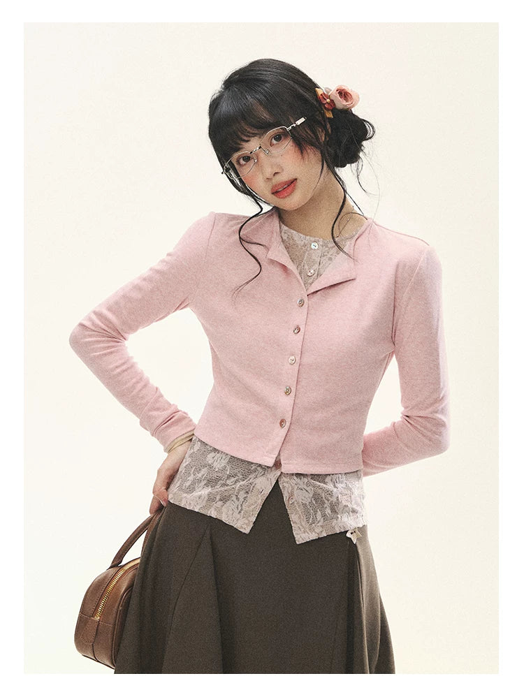 "Layered Blossom" Faux-Layer Knit Cardigan (Sakura Pink/ Heather Gray)