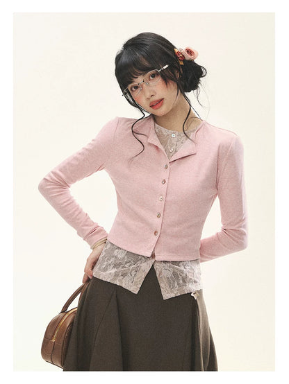 "Layered Blossom" Faux-Layer Knit Cardigan (Sakura Pink/ Heather Gray)