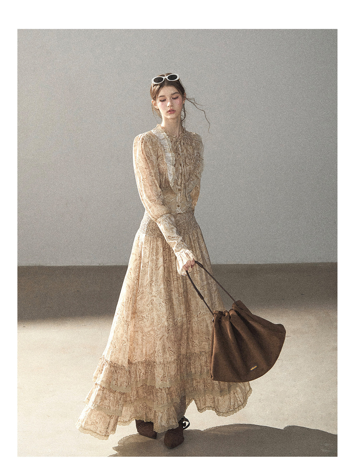 170726 "Growing an Autumn Breeze" Milk Tea Floral Blouse & Maxi Skirt Set