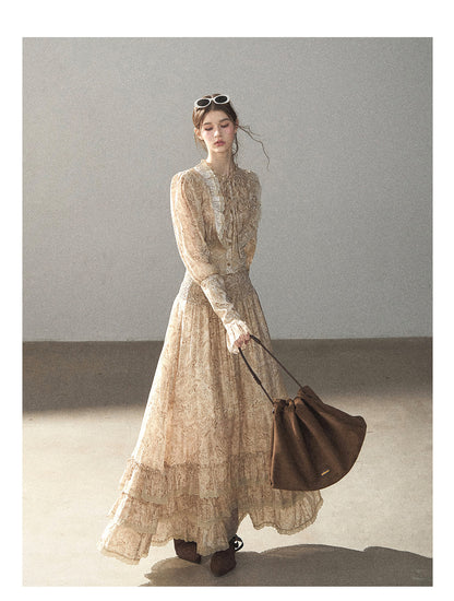 170726 "Growing an Autumn Breeze" Milk Tea Floral Blouse & Maxi Skirt Set