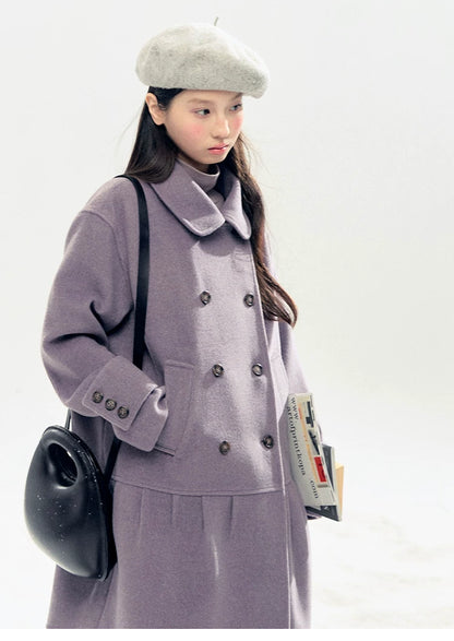 "Winter Chime" Double-Breasted Quilted Wool-Blend Coat (Smoky Purple/ Ash Gray)