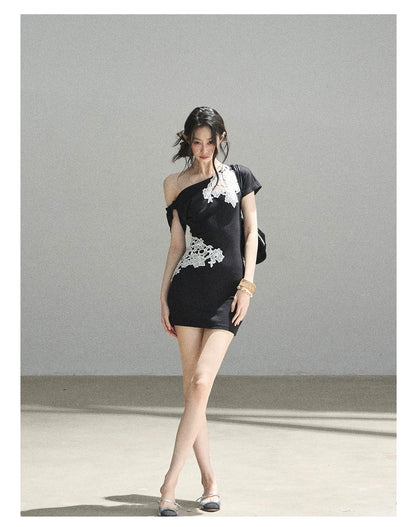 "When the Moon Didn't Arrive" Tranquil Black Lace Embroidered Bodycon Mini Dress