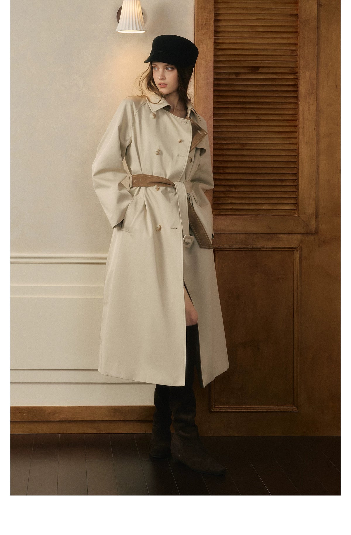 oshea - Moonlight Gray Double-Breasted Belted Long Trench Coat