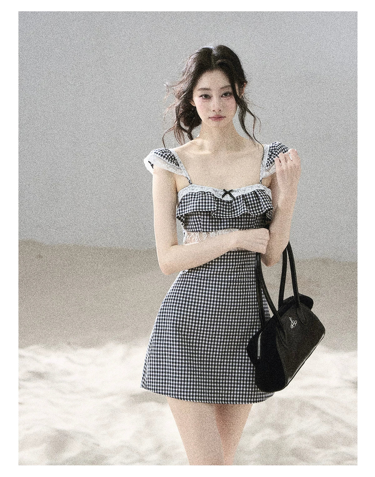 "Her in the Old Film" French Lace Plaid A-Line Mini Dress