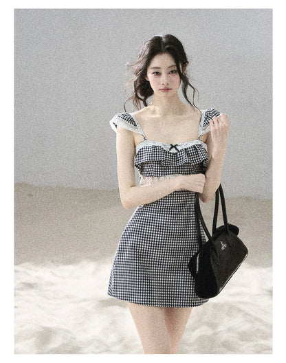 "Her in the Old Film" French Lace Plaid A-Line Mini Dress