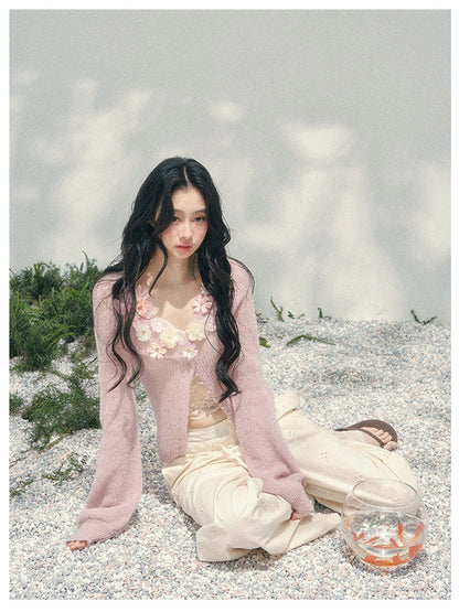 少也眼 “Spring Meadow Breeze” Floral-Embellished Mohair Knit Cardigan Set 5786998
