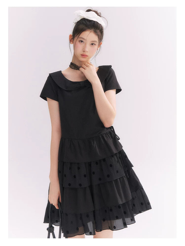 “Midnight Sweetheart” Black Korean-Style Bow Polka Dot Tiered Dress