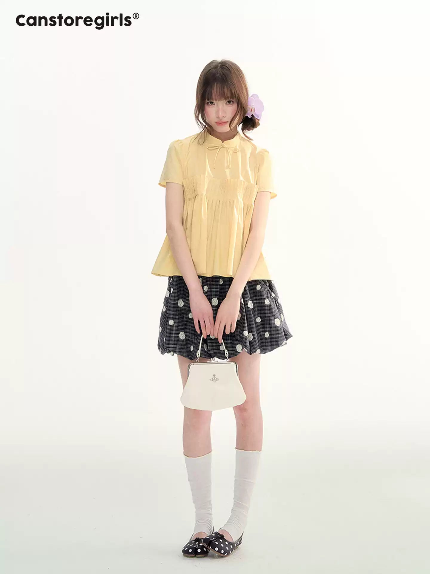 Navy Plaid Flocked Polka Dot Bubble Skirt WW2026070