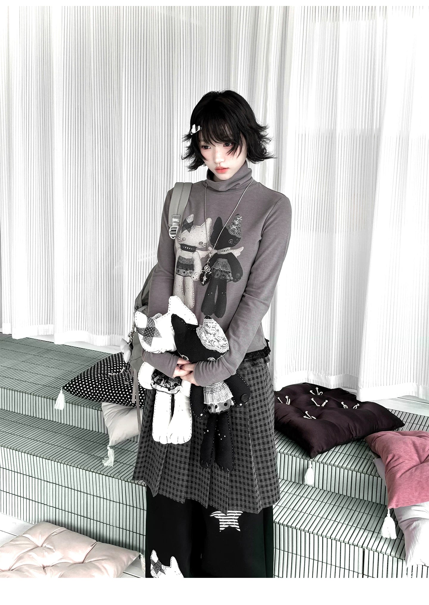 "Forgotten Corner" Mock Neck Gray Base Layer Top & Black Gray Plaid Skirt Set