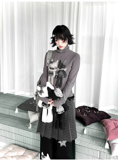 "Forgotten Corner" Mock Neck Gray Base Layer Top & Black Gray Plaid Skirt Set
