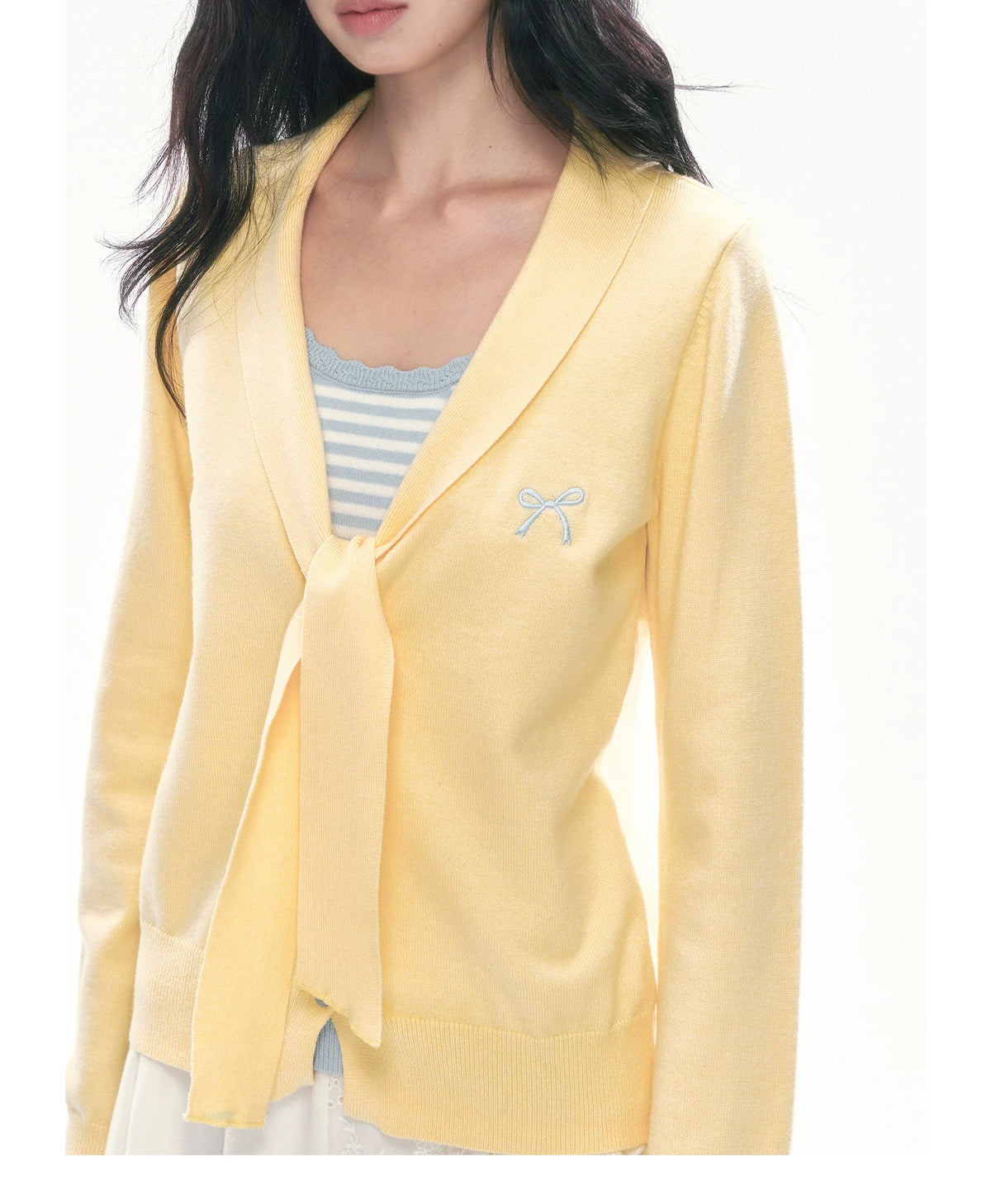 [CAN] Bow Embroidery Knit Cardigan (Blue / Yellow)