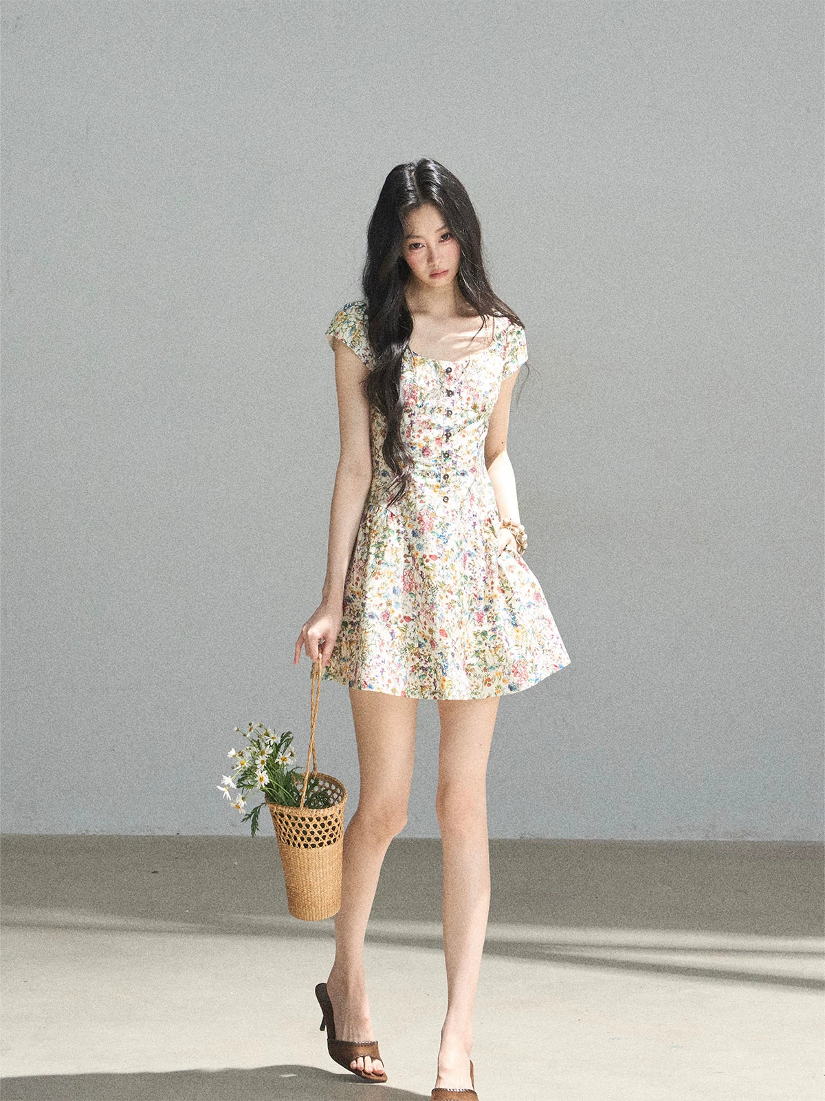 "Bloom in Full Glory" Dutch Cream Floral Puff Mini Dress