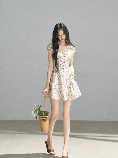 "Bloom in Full Glory" Dutch Cream Floral Puff Mini Dress