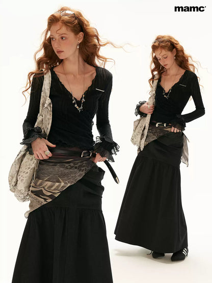 MAMC - Black Wool-Blend Lace Wrap Cardigan with Ruffle Sleeves