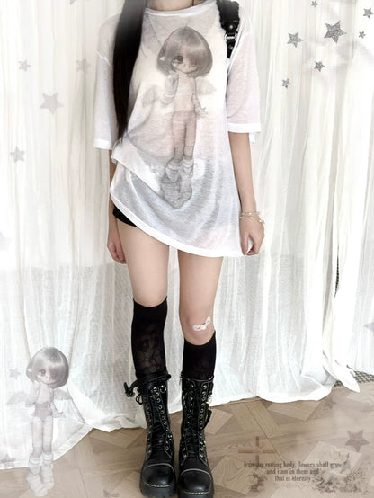 Gray & White Angel Original Licensed Two-Tone Vintage BJD Sheer Knit Cover-Up T-Shirt