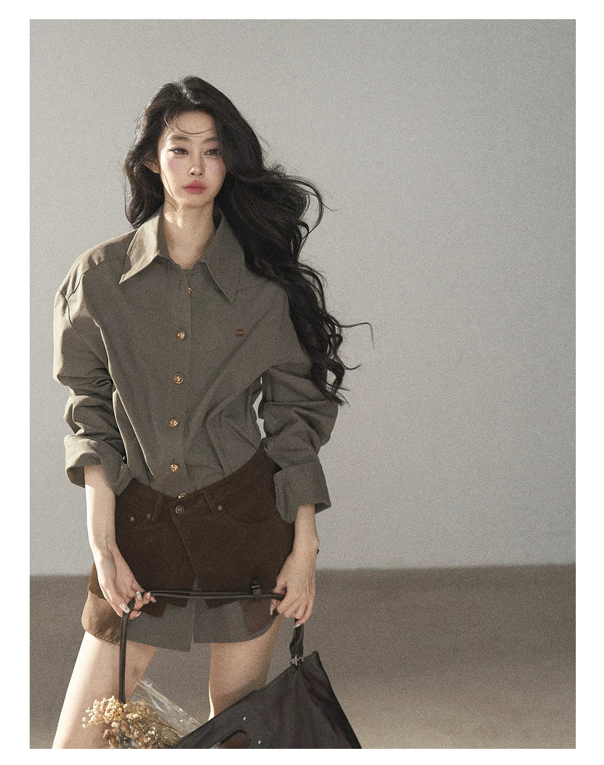 AOMALM - "Autumn Botanicals" Sage Green Striped Shirt & Wrap Faux Half-Skirt Set
