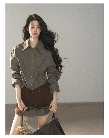 AOMALM - "Autumn Botanicals" Sage Green Striped Shirt & Wrap Faux Half-Skirt Set