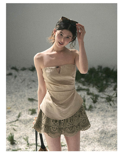 “Moonlit Haze” Dutch Cream Strapless V-Notch Top