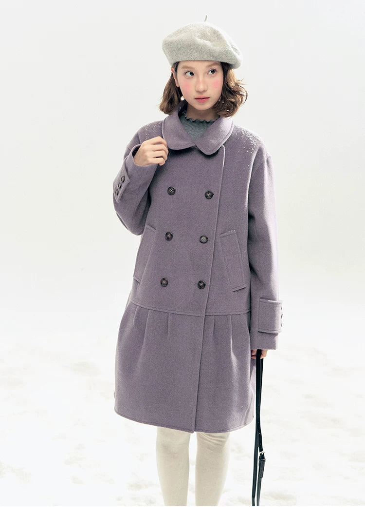 "Winter Chime" Double-Breasted Quilted Wool-Blend Coat (Smoky Purple/ Ash Gray)
