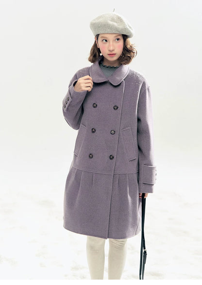 "Winter Chime" Double-Breasted Quilted Wool-Blend Coat (Smoky Purple/ Ash Gray)