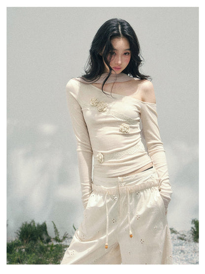 少也眼 “Rose Whisper” Asymmetrical Floral Lace Knit Top 45368753
