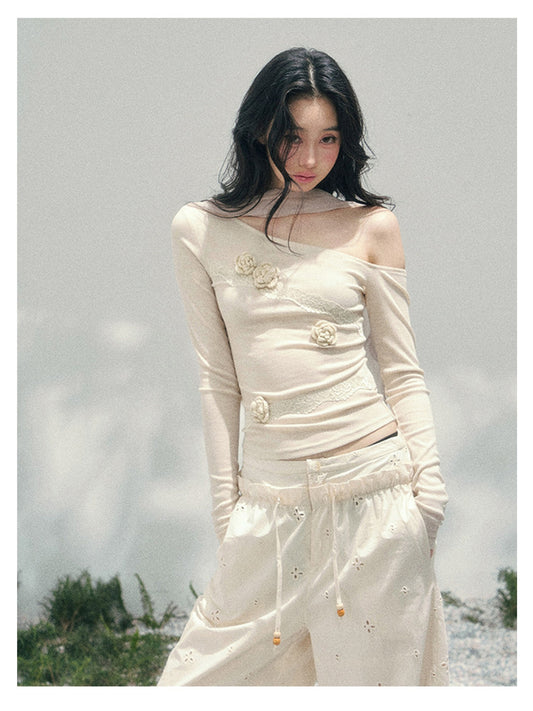 少也眼 “Rose Whisper” Asymmetrical Floral Lace Knit Top 45368753