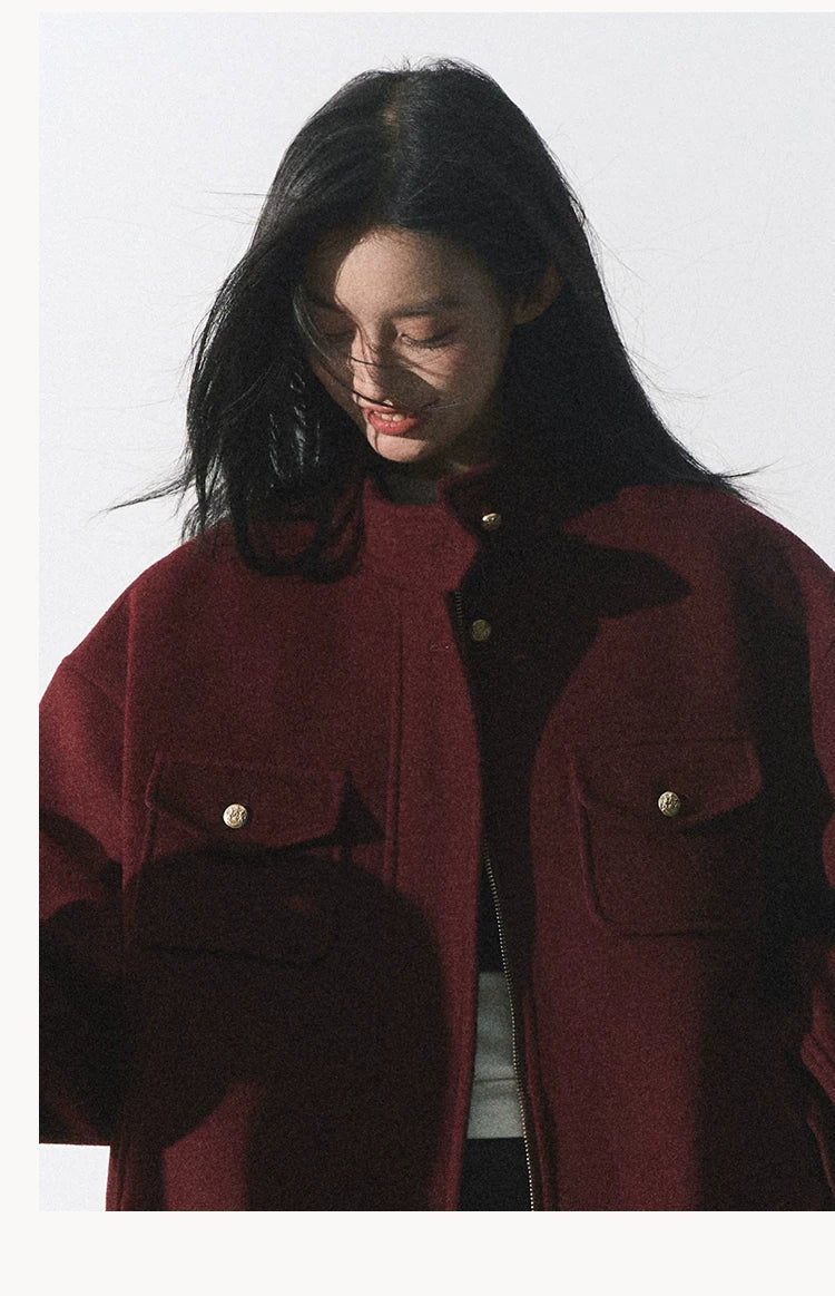 OAKMOO/ "Plum Blossom Mood" Angora Red Wool-Blend Harrington Jacket