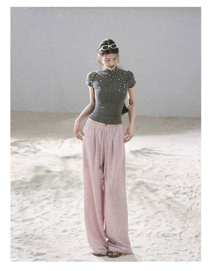 "Follow the Sea Breeze" Lightweight Straight-Leg Wide-Leg Pants (Lotus Pink/ Gray Sage Green/ Gray Blue)