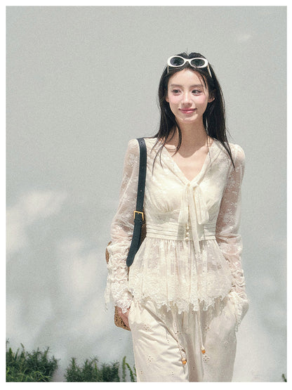 少也眼 “Lace’s Fading Dream” Sheer Lace V-Neck Cinched Top 53663788558