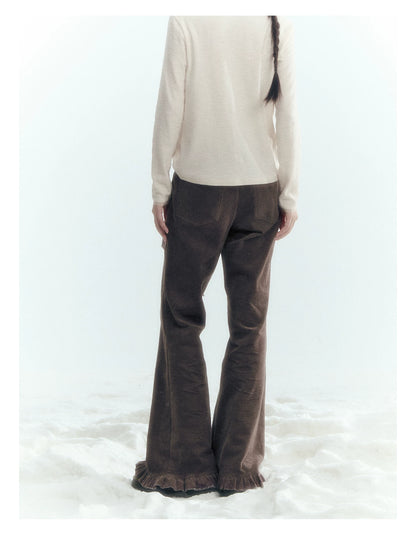 Horridale - Milk Tea Brown Floral Belt Corduroy Flare Pants