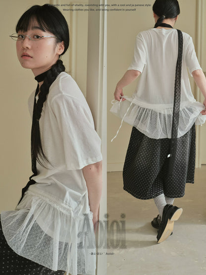 "Dot Veil" Polka Dot Mesh Panel T-Shirt (White / Gray)