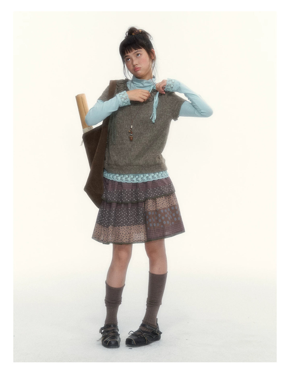 “Mint Milk Pudding” Mint Blue Lace-Trimmed Mock Neck Knit Top