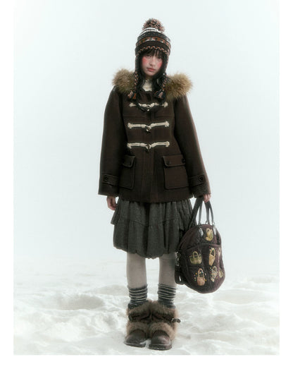 Horridale - Dark Coffee Brown Cropped Hooded Toggle Coat with Detachable Faux Fur Collar