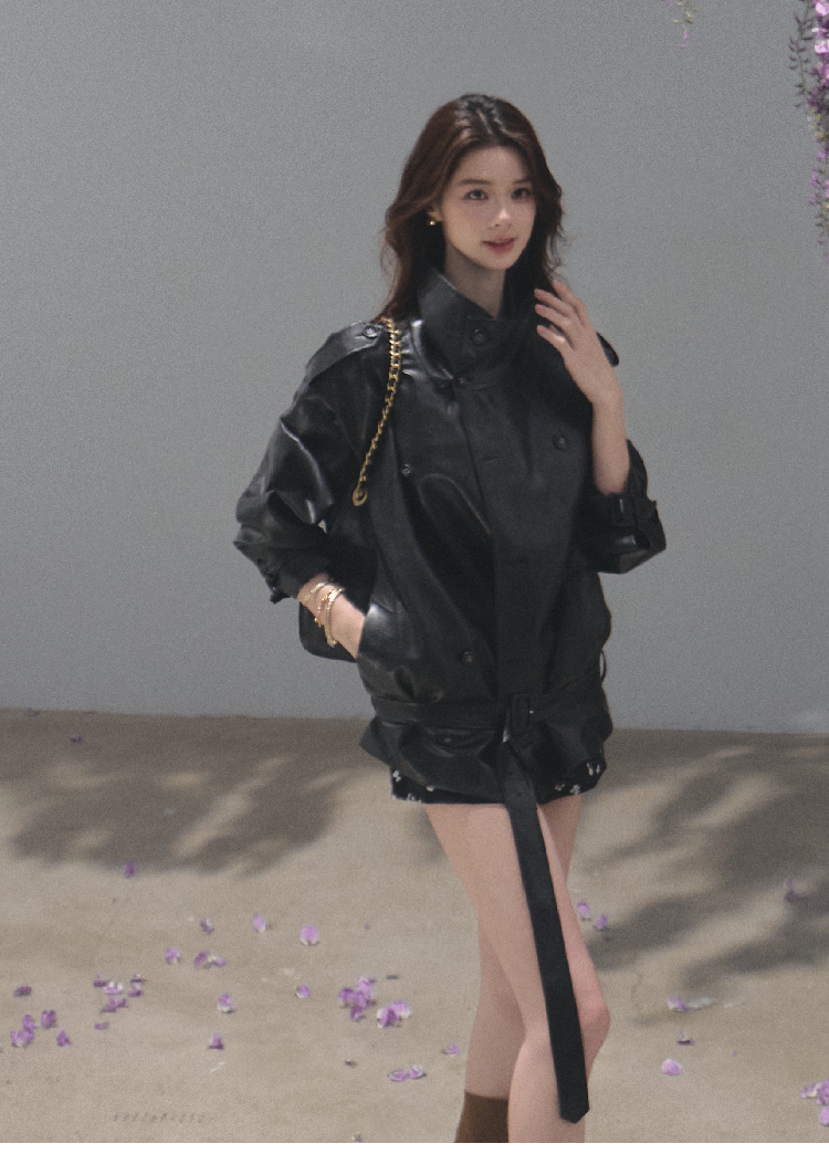 OAKMOO/ Belted Double-Breasted Trench Jacket (Deep Black / Hazel Khaki)