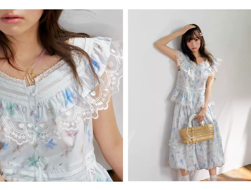 “Mint Blossom Isle” Blue Lace Trim Top & Bubble Hem Skirt