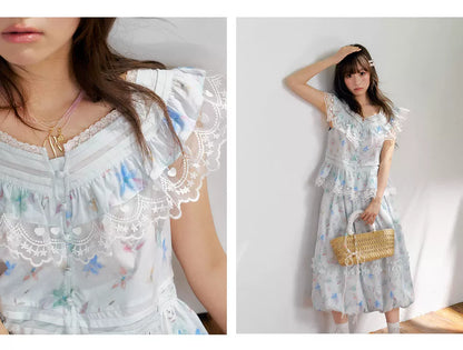 “Mint Blossom Isle” Blue Lace Trim Top & Bubble Hem Skirt