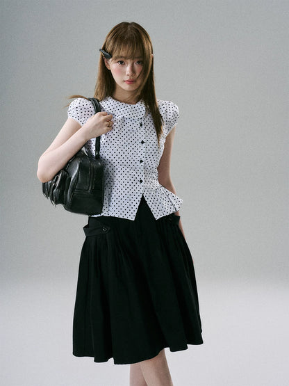 LOST FOREST - White & Black Polka Dot Asymmetrical Cotton Blouse
