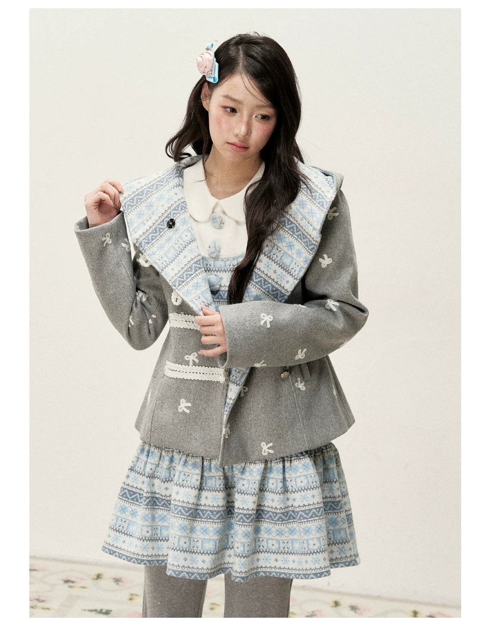 [RF] Heather Gray Vintage Jacquard Hooded Jacket with Frost Mist Blue Details