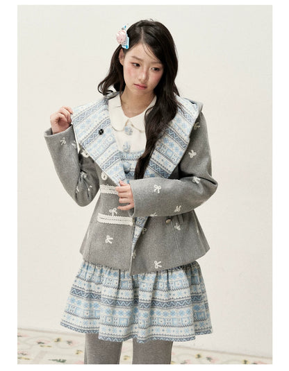 [RF] Heather Gray Vintage Jacquard Hooded Jacket with Frost Mist Blue Details