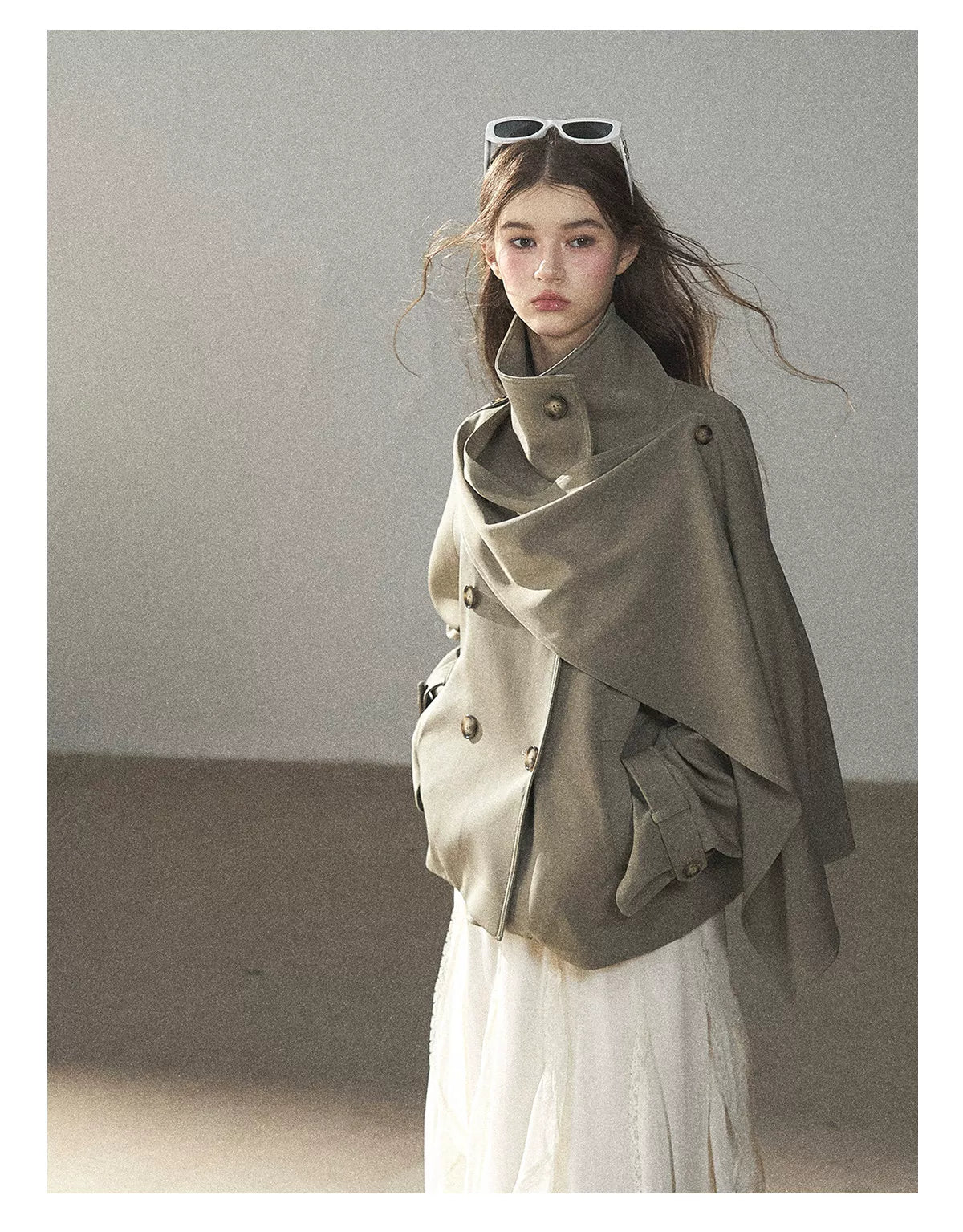 Gray Funnel-Neck Double-Breasted Short Trench Coat
