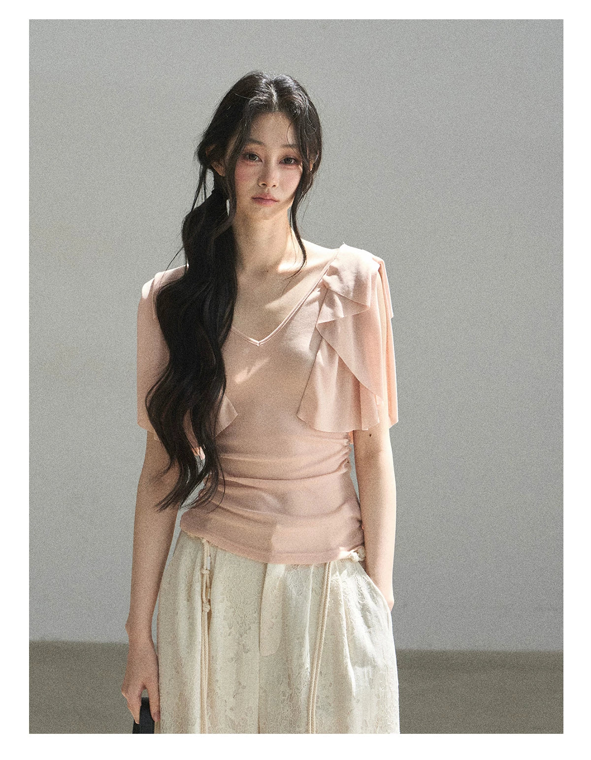 "Where Clouds Fall" Ruffle Sleeve V-Neck Crop Top (Forest Green/ Sage Gray/ Misty Blue/ Cinnamon Pink)