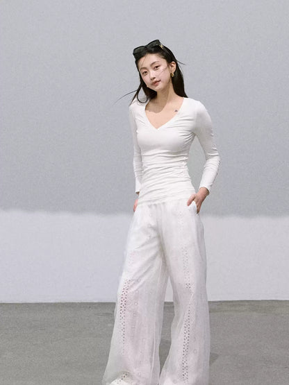 OAKMOO - "Bloom Within" Cotton Cutwork & Organza Layered Wide-Leg Pants – Gardenia 25Q428White