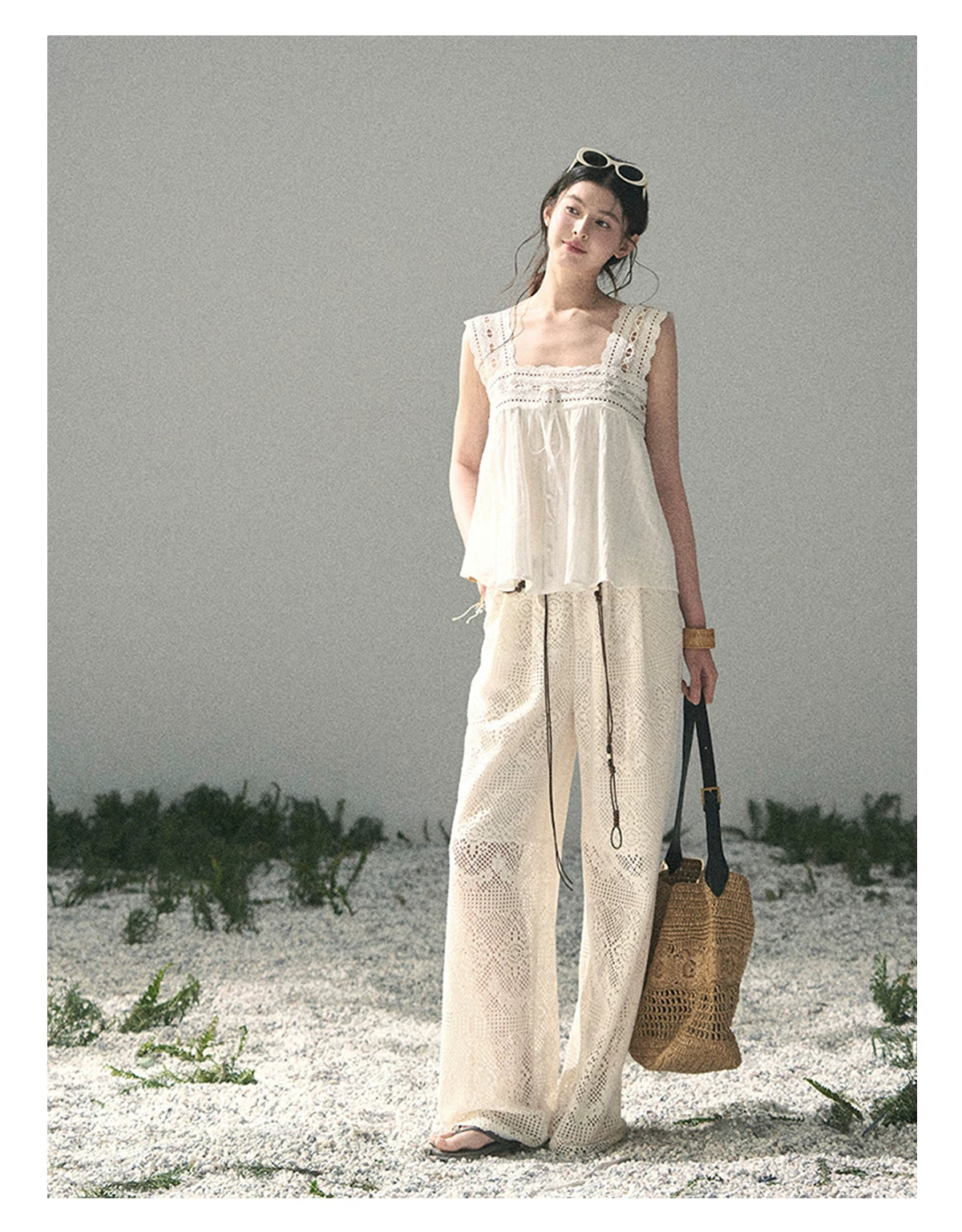 “Wandering Here” Milk Apricot Openwork Wide-Leg Pants