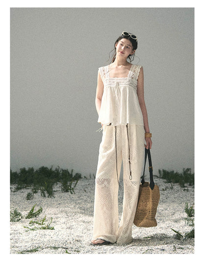 “Wandering Here” Milk Apricot Openwork Wide-Leg Pants