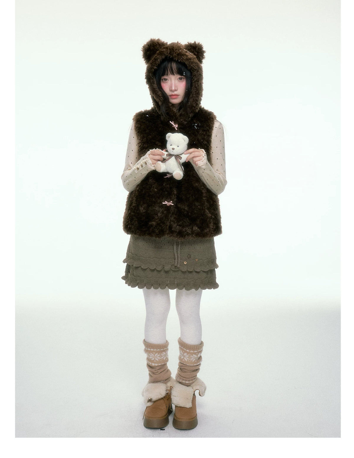 BIBIBENCY - Brown Faux Fur Hooded Vest with Toggle Closures