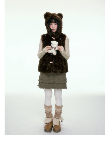 BIBIBENCY - Brown Faux Fur Hooded Vest with Toggle Closures